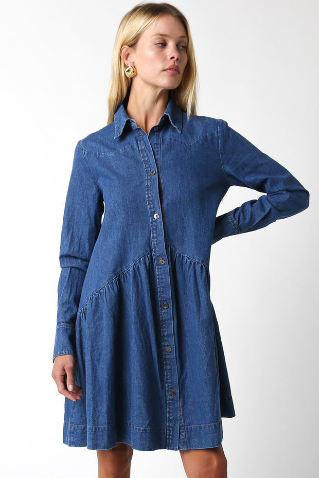 Long Sleeve Drop Waist Denim Shirt Dress
