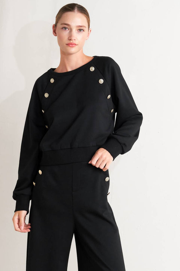 Gold Button Detail Knit Top - Black