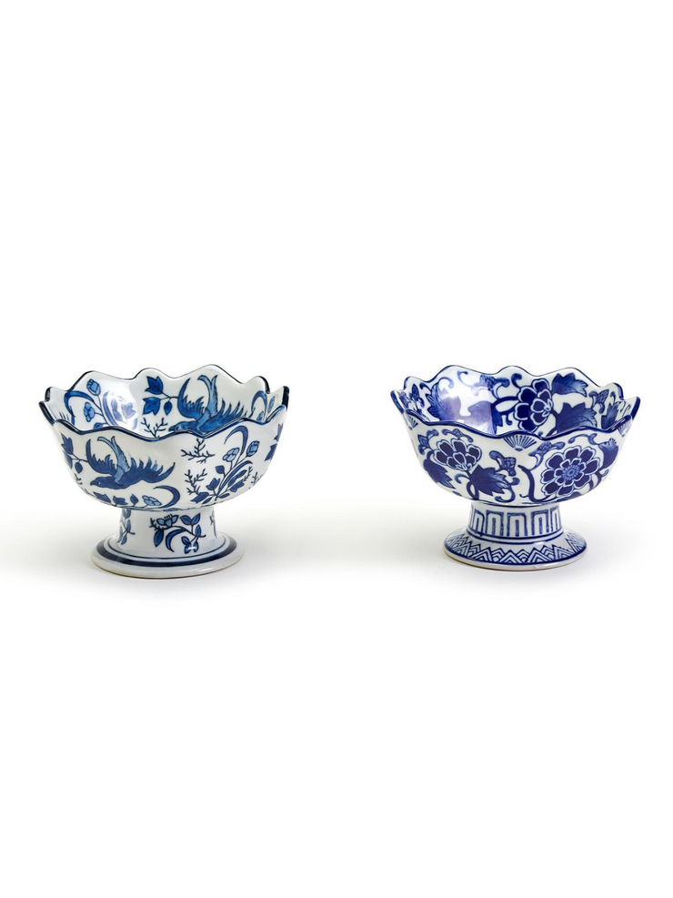 Blue and White Scalloped Edge Footed Bowl