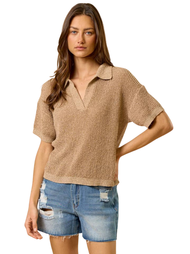 Collared Lightweight Knit Top - Mocha