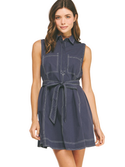 Contrast Top Stitch Mini Shirt Dress