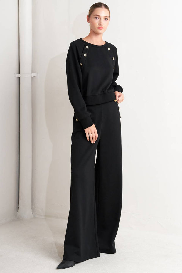 Gold Button Detail Knit Top - Black