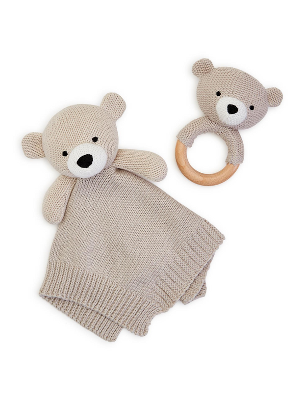 Knitted Baby Bear Snuggle and Rattle Set