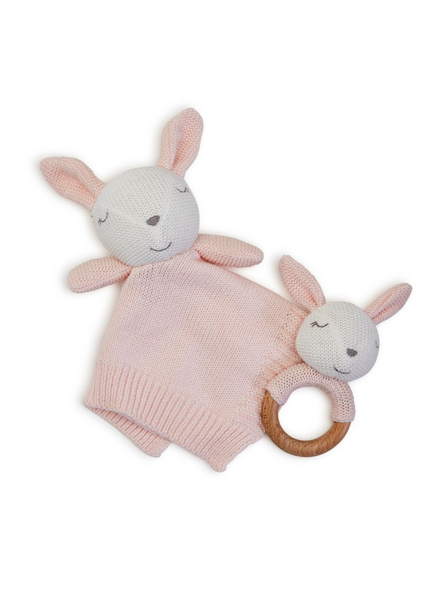 Knitted Baby Bunny Snuggle and Rattle Set