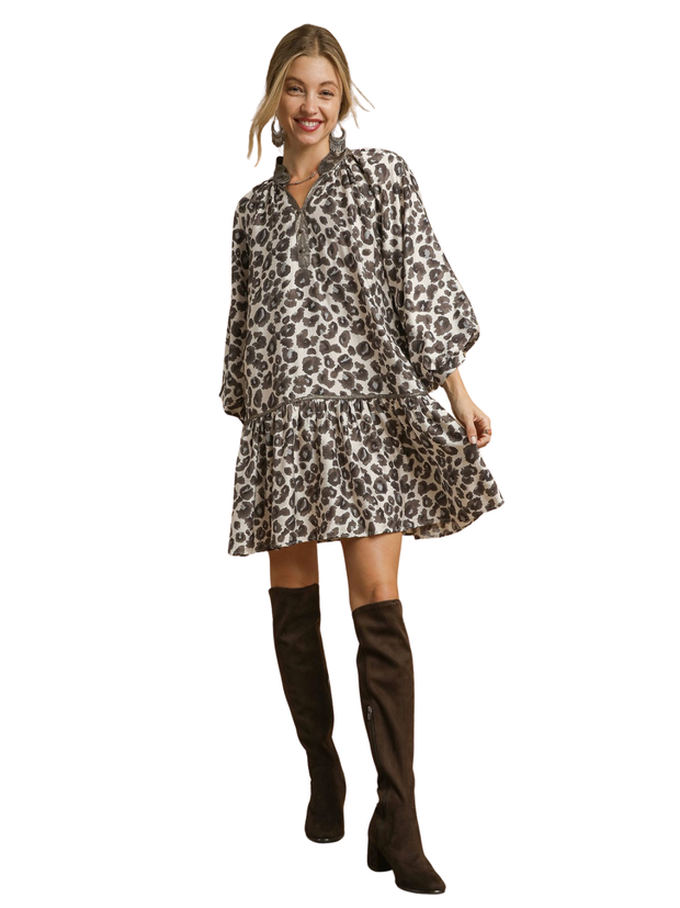 Long Sleeve Leopard Drop Waist Dress