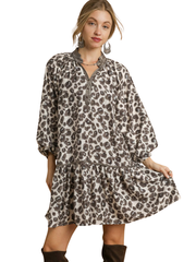 Long Sleeve Leopard Drop Waist Dress