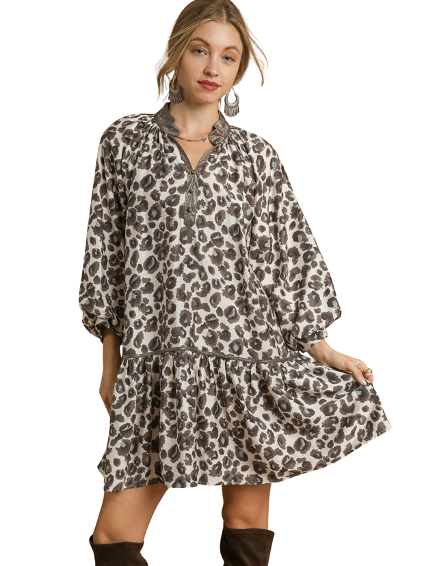 Long Sleeve Leopard Drop Waist Dress