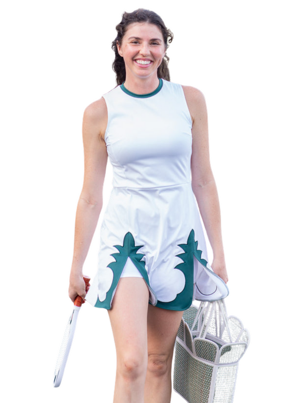 green pickleball dress Women's White and Green Golf Dress Short Sleeve with Elegant Floral Print Mock Neck Performance Activewear for Pickleball, Green / L