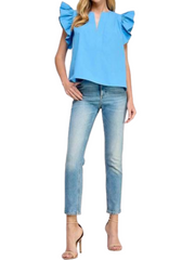 Poplin Flutter Slv Top - Azure Blue