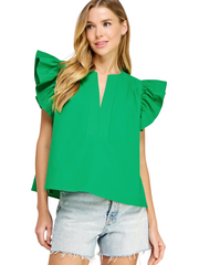 Poplin Flutter Slv Top - Emerald Green
