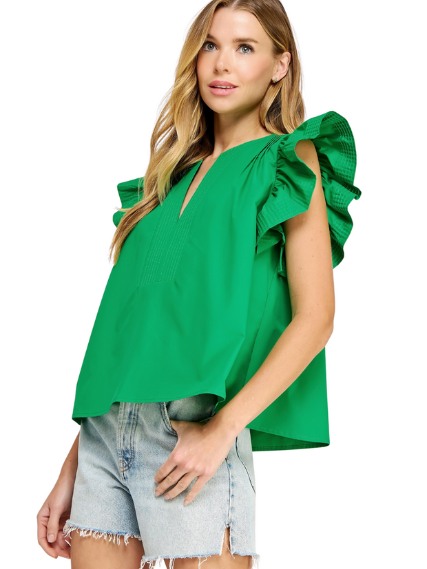 Poplin Flutter Slv Top - Emerald Green