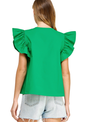 Poplin Flutter Slv Top - Emerald Green