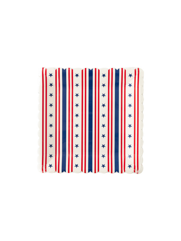 Stripe Square Scallop Paper Plates (Red/White Strip - Blue Star)