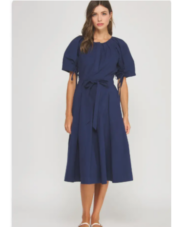 Navy Belted MIDI Dress