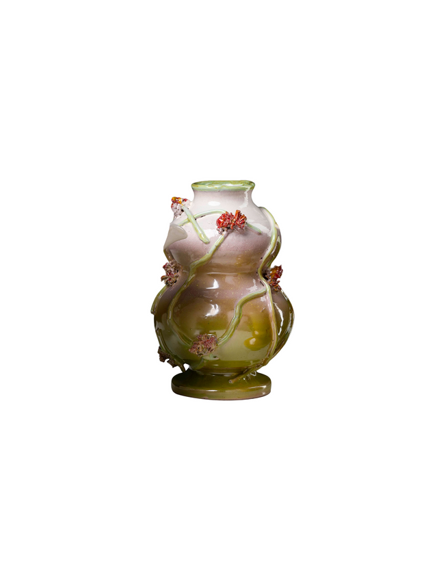 White Vase with Green/Orange Flowers